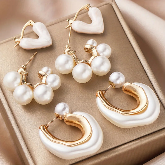 Pearl Heart Design Hoop Earrings (3 pcs)